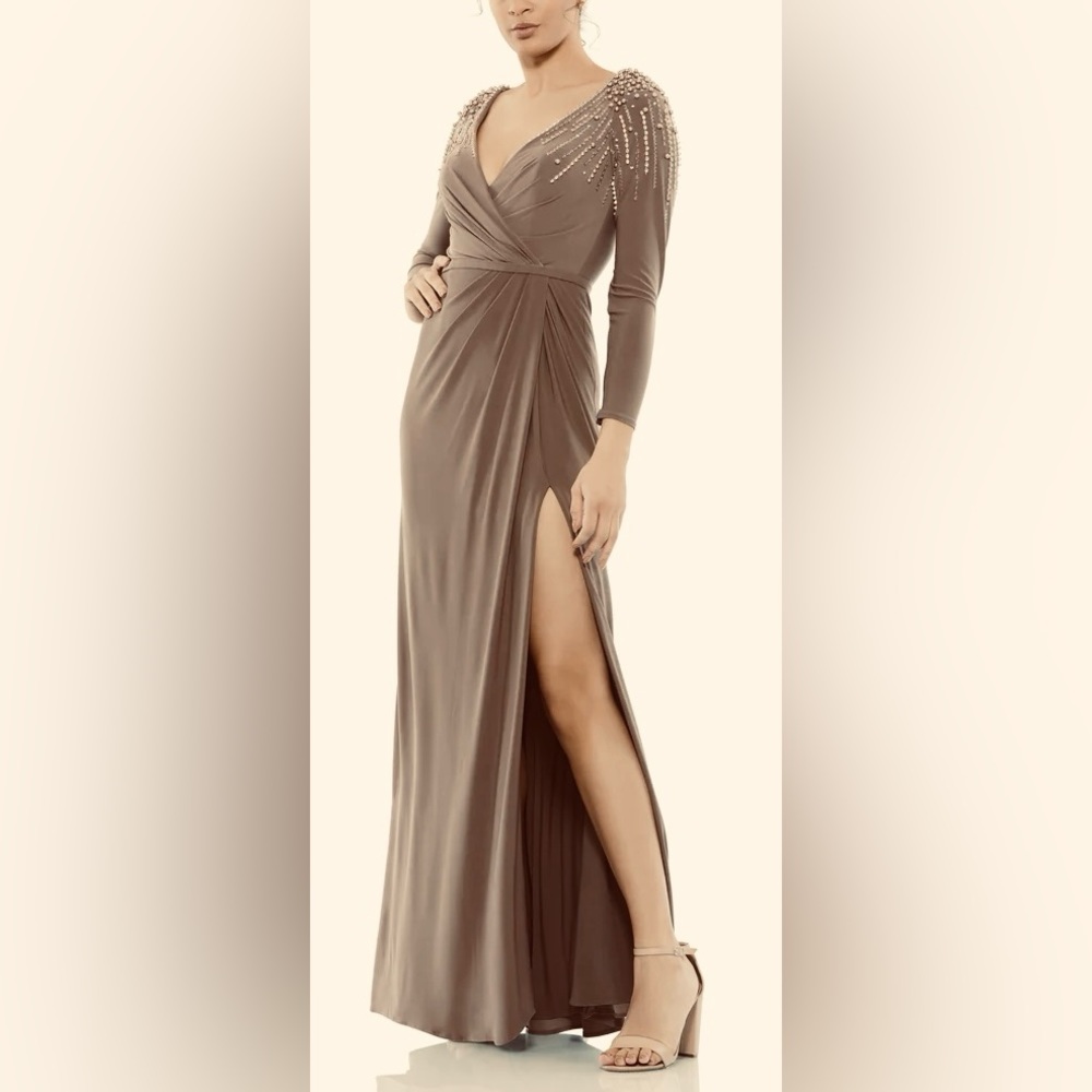 👗 NWT! Mac Duggal Beaded Jersey Faux Wrapped Dress